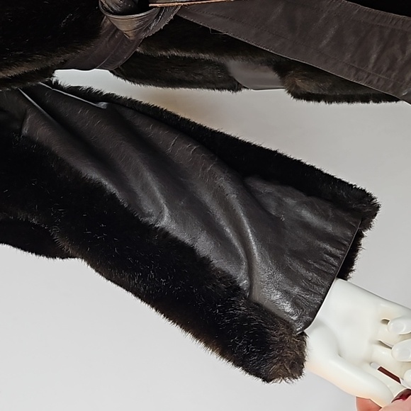 Vintage Tissavel France Faux Fur & Leather Chocolate Brown 70s Glam Belted Coat - Picture 12 of 16